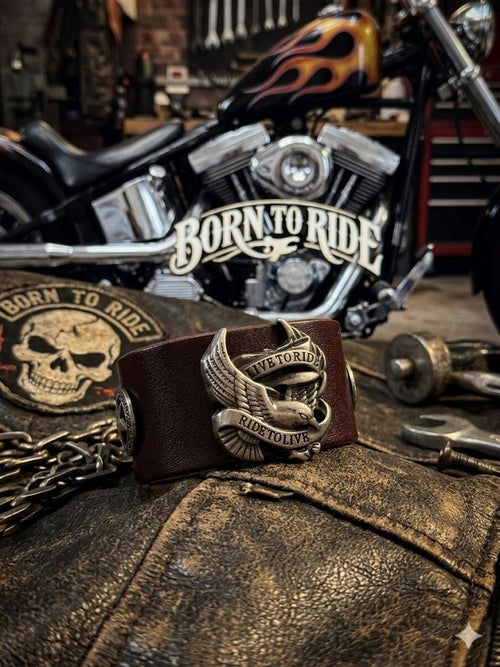 Handcrafted Leather Biker Cuff - Live To Ride-Ride To Live Eagle Crest and Star Conchos