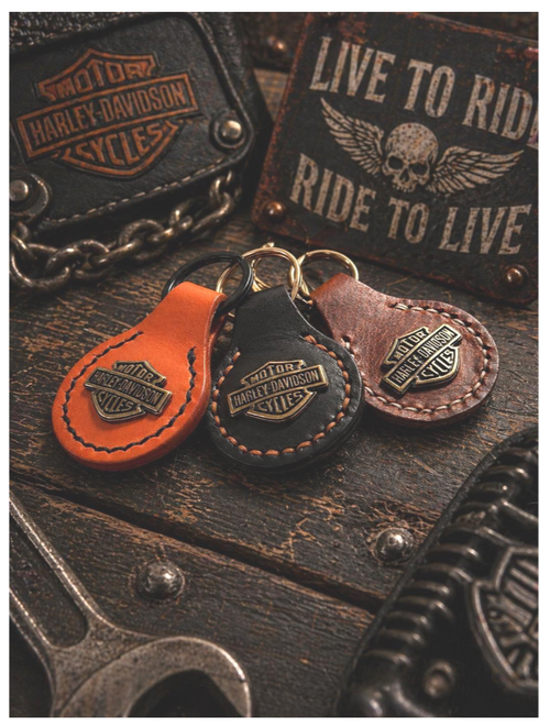 Biker Style Leather Keychain – Handmade  Motorcycle Leather Keyrings with Metal Badge